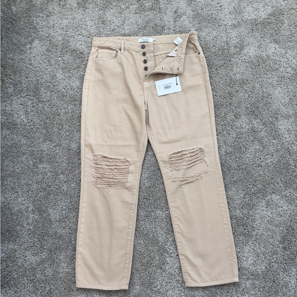 Hidden Jeans Tracy Straight Leg Distressed Knee Beige Size 31 NWT